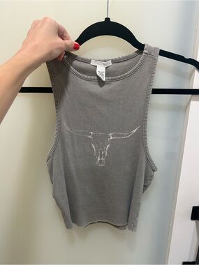 Full Tilt Women's Taupe Ribbed Tank with Longhorn Print